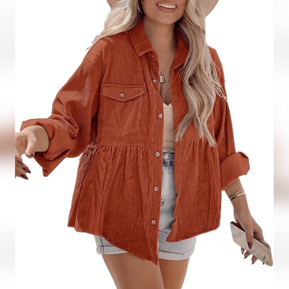 Women's Corduroy Casual Long Sleeve Button Down Blouse Tunic Chic Size L Boho